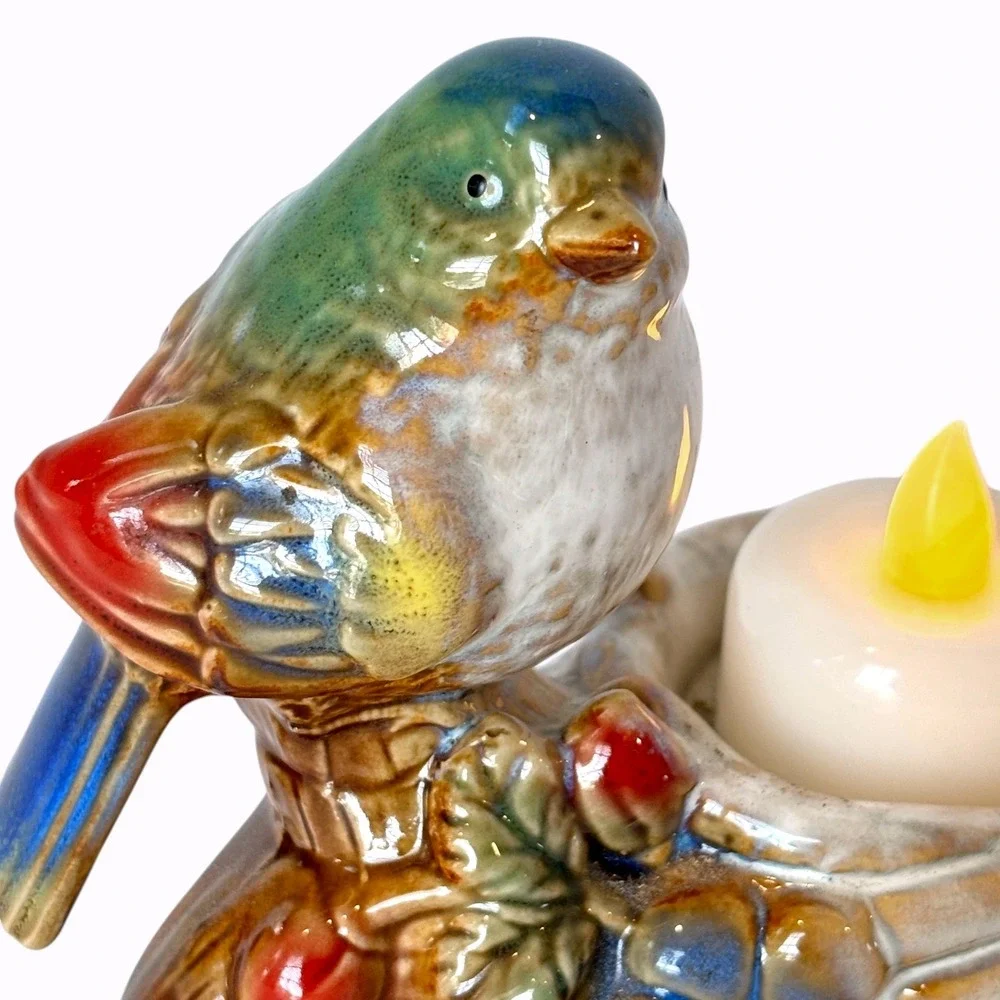 Majolica Style Ceramic Songbird Nest Votive Tealight Candle Holder Vintage